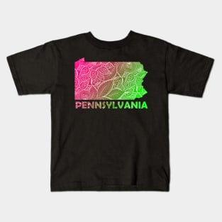 Colorful mandala art map of Pennsylvania with text in pink and green Kids T-Shirt